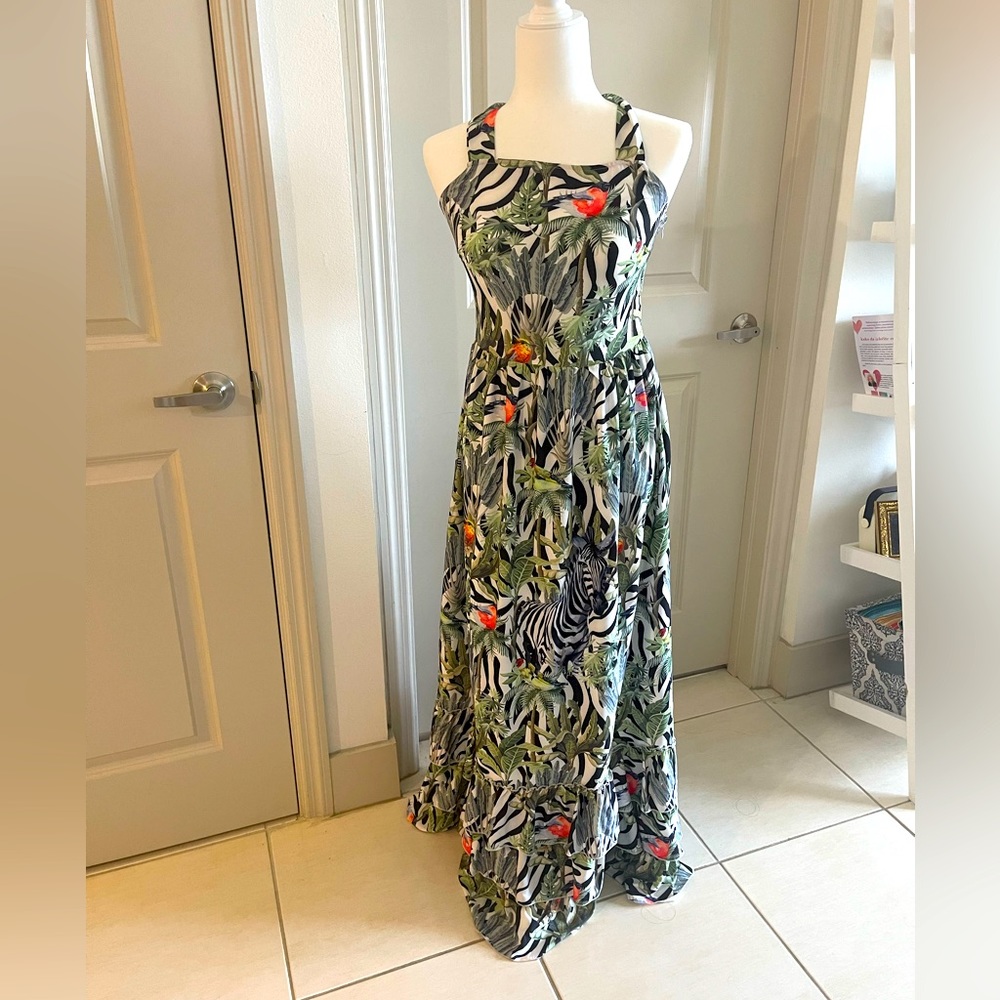 Tropical zebra long dress halter